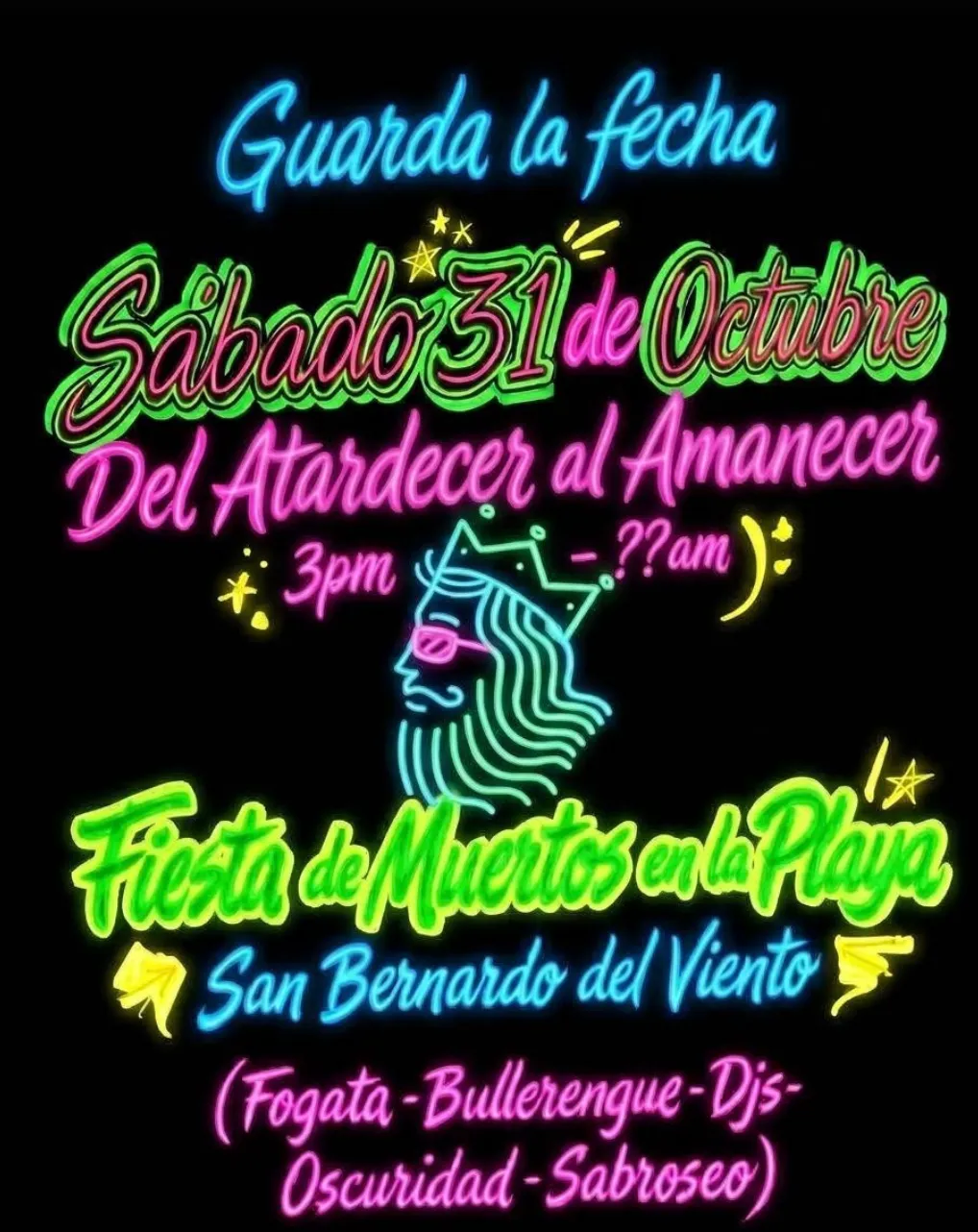 Afiche neón: guarda la fecha, sábado 31 de octubre, fiesta de muertos en la playa