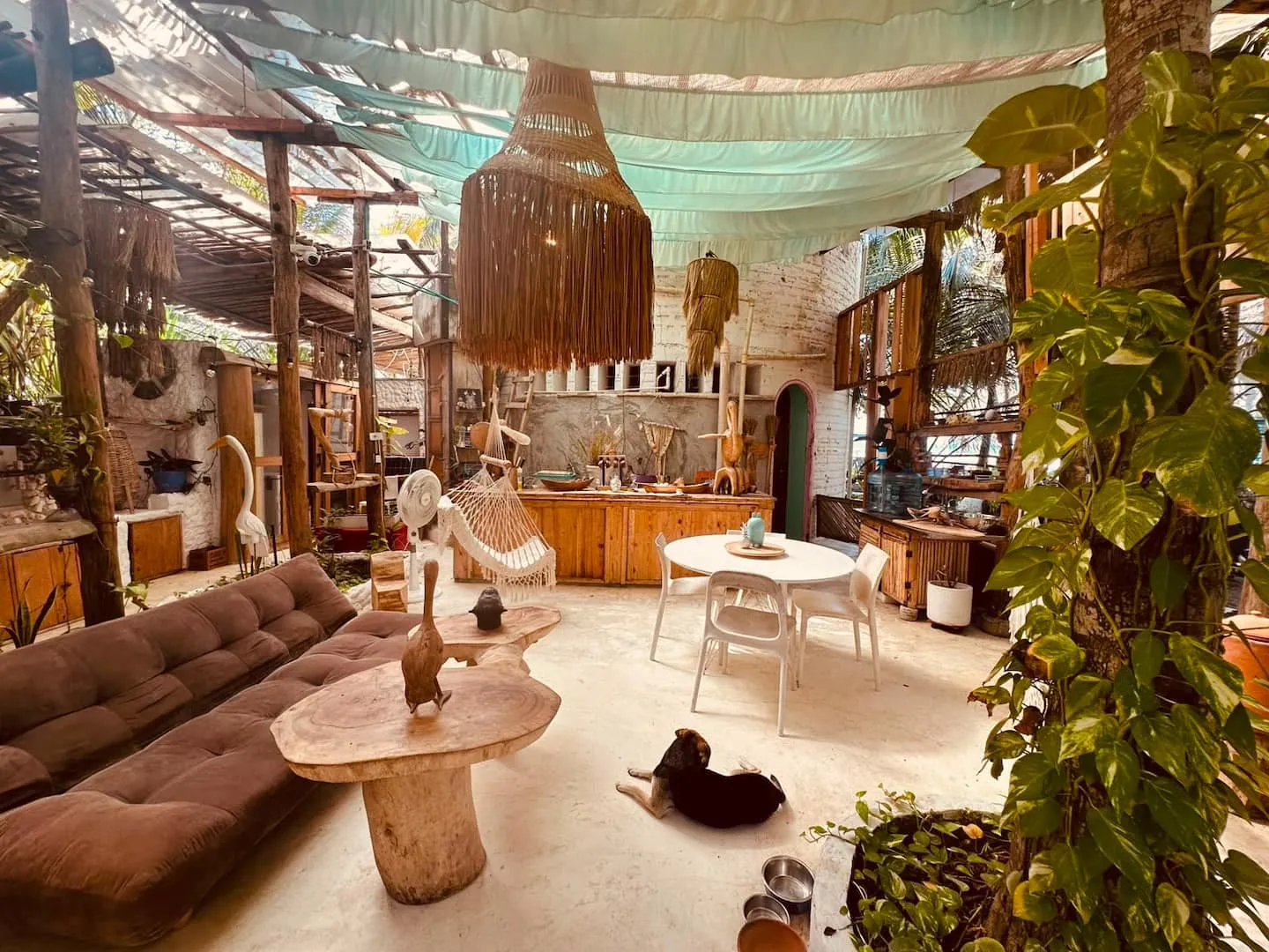 Sala al aire libre bajo un techo de palma